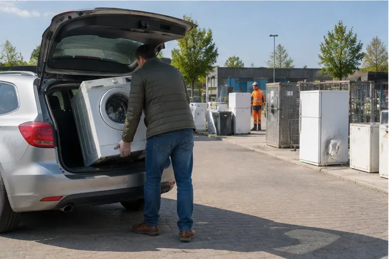 Een persoon laadt een oude wasmachine uit een auto bij een terrein met ingezamelde grote elektrische apparaten