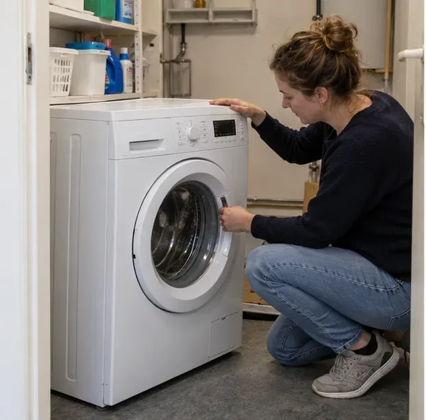 Een bewoner bekijkt een gebruikte wasmachine voordat zij beslist of repareren of afvoeren passend is
