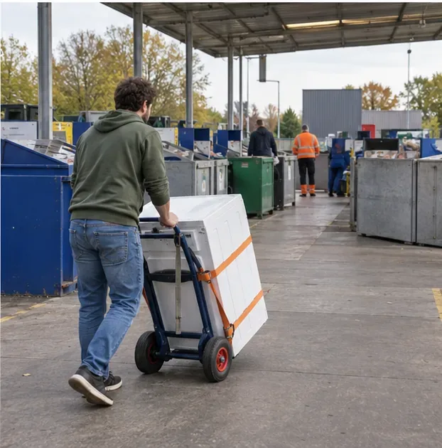 Een inwoner brengt een wasmachine op een steekwagen naar een milieubrengstation met verschillende inzamelbakken