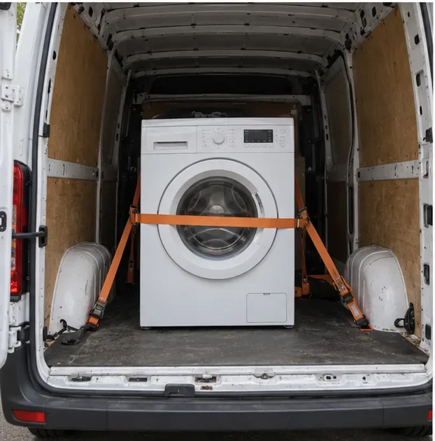 Een wasmachine staat rechtop en is met spanbanden vastgezet in de laadruimte van een bestelwagen