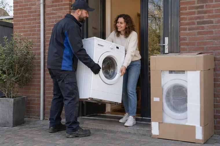 Een bezorger neemt bij de voordeur een oude wasmachine mee terwijl een nieuwe, verpakte machine klaarstaat voor levering.