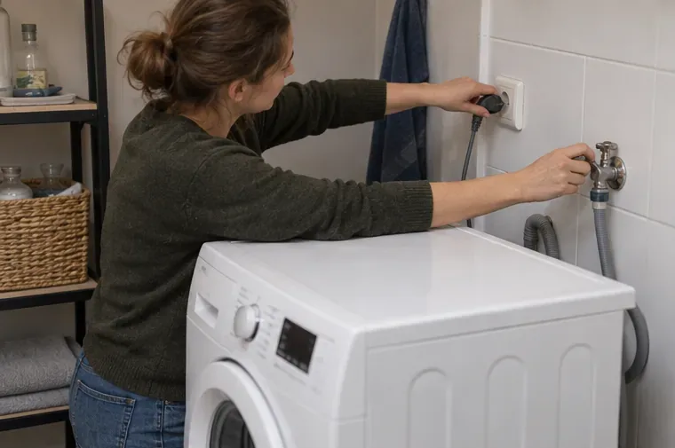 Een bewoner maakt een wasmachine klaar door de stekker uit het stopcontact te halen en de watertoevoer dicht te draaien.