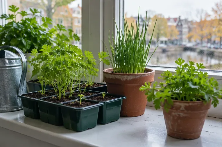 Potten met bieslook en peterselie en jonge kruidenzaailingen staan op een lichte vensterbank in een Amsterdamse woning.