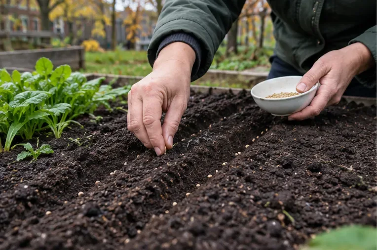 Een tuinier zaait kleine zaden rechtstreeks in donkere, losse grond van een verhoogd bed in de herfst.