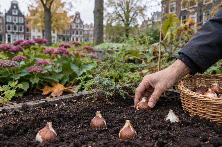 Een hand zet bruine voorjaarsbollen in losse grond in een stadstuin met herfstbladeren en bloeiende vaste planten.