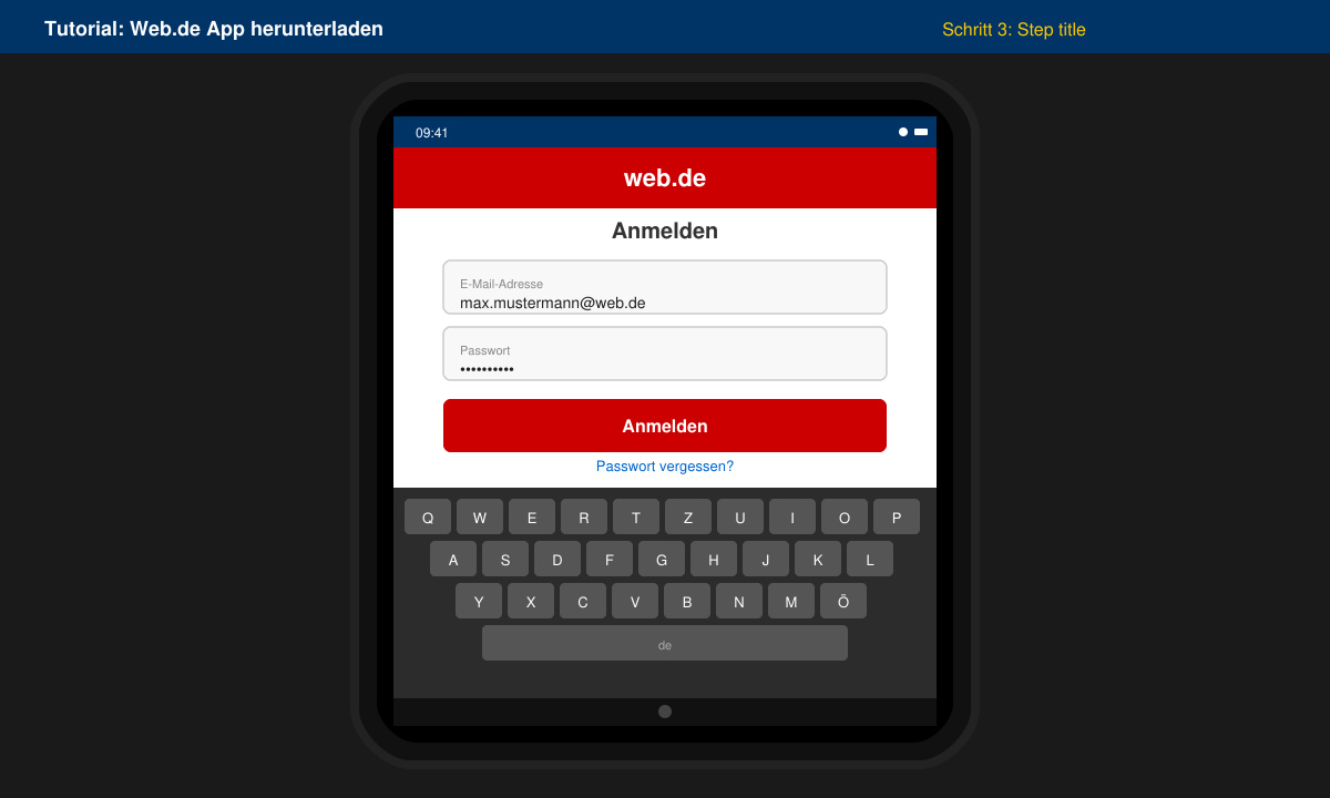 Screenshot of the Web.de app login screen on an Android device with keyboard visible