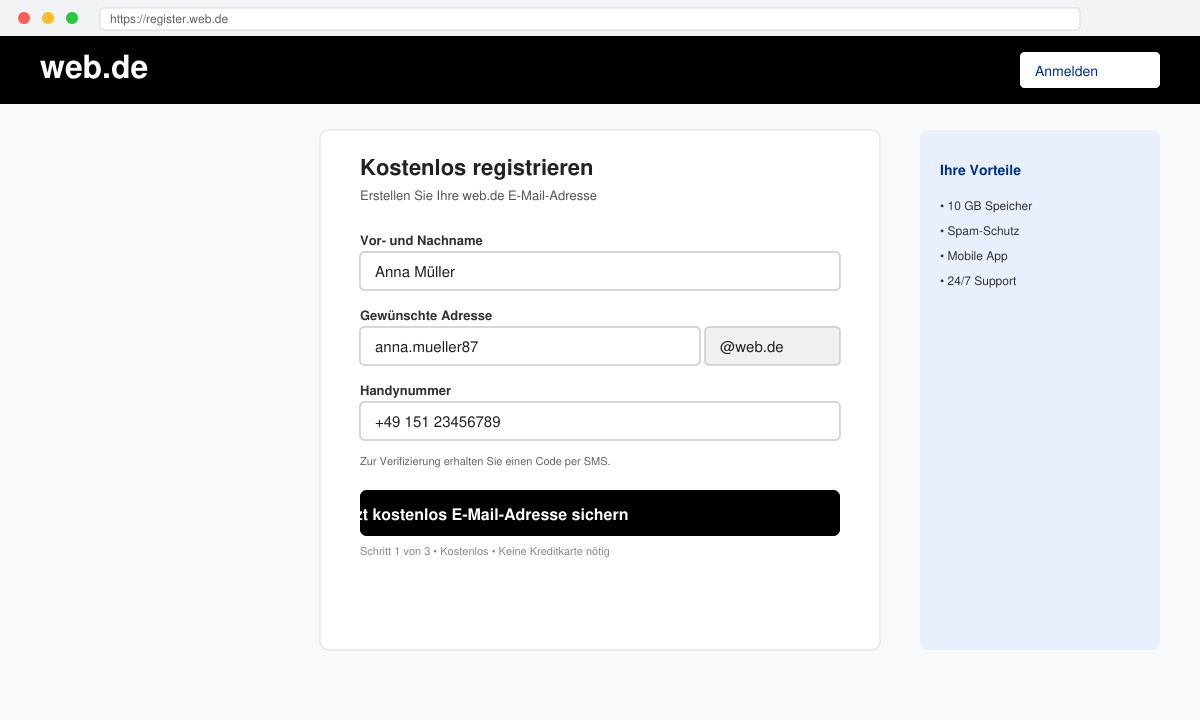 Registrierungsformular mit Feldern für Vorname, Nachname und gewünschte E-Mail-Adresse