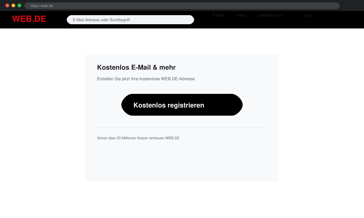 Button Kostenlos registrieren auf der web.de Startseite