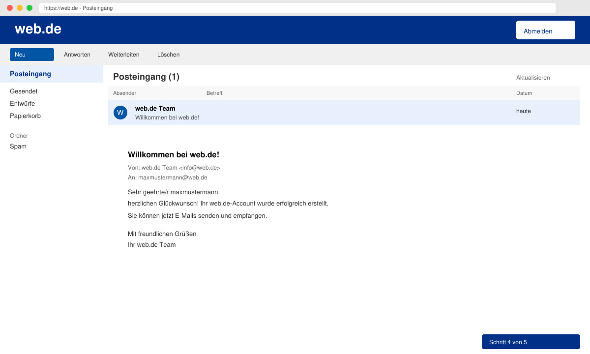Erfolgreich erstellter web.de Account im Posteingang