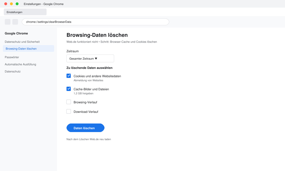 Screenshot of Chrome settings menu with cache and cookies deletion options highlighted