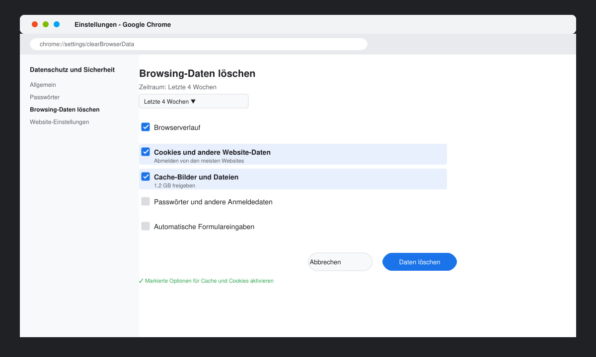 Browser-Einstellungsfenster mit markierten Cache- und Cookie-Optionen