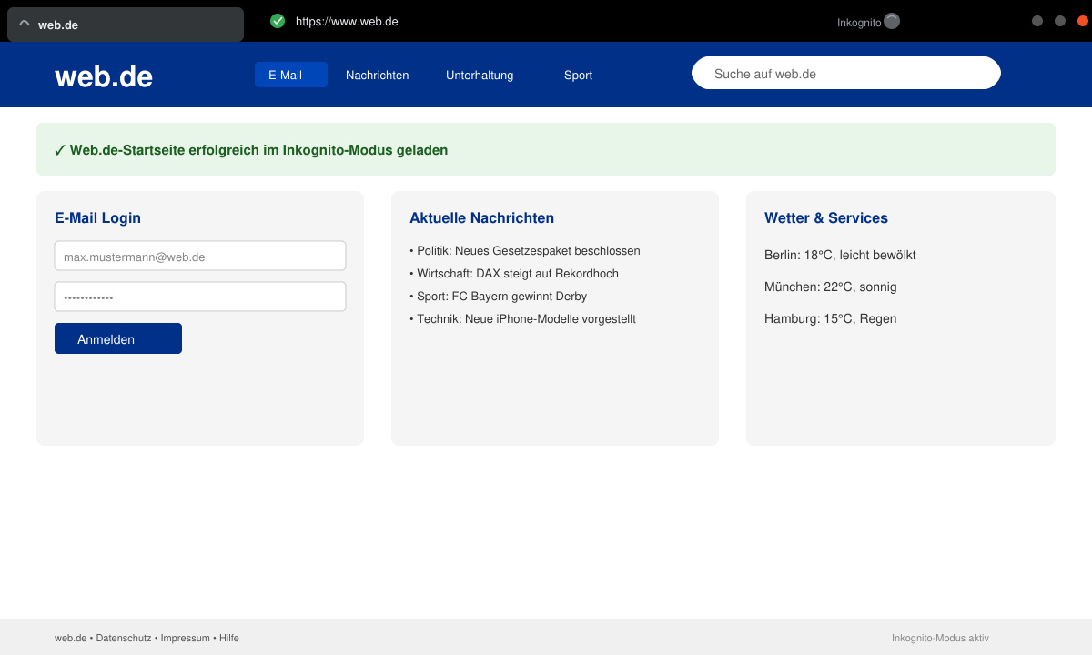 Erfolgreich geladene Web.de-Startseite im Inkognito-Fenster