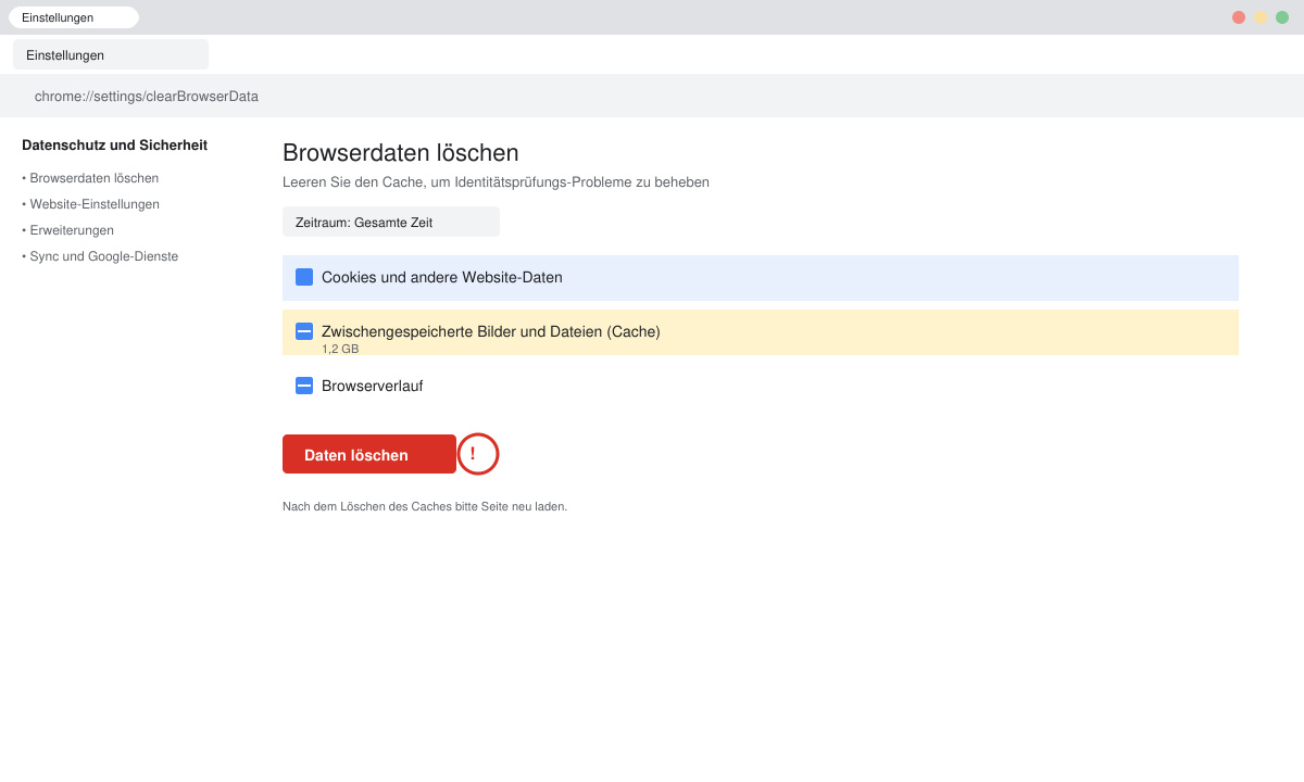 Browser Cache leeren bei web.de Identitätsprüfung