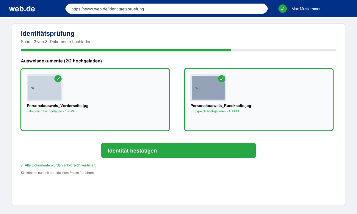 Erfolgreicher Upload bei web.de Identitätsprüfung