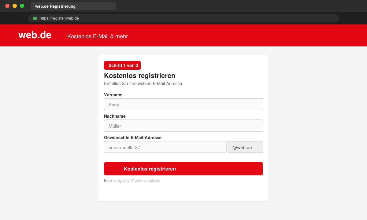 Anmeldeformular auf web.de mit Feldern für Vorname, Nachname und gewünschte E-Mail-Adresse
