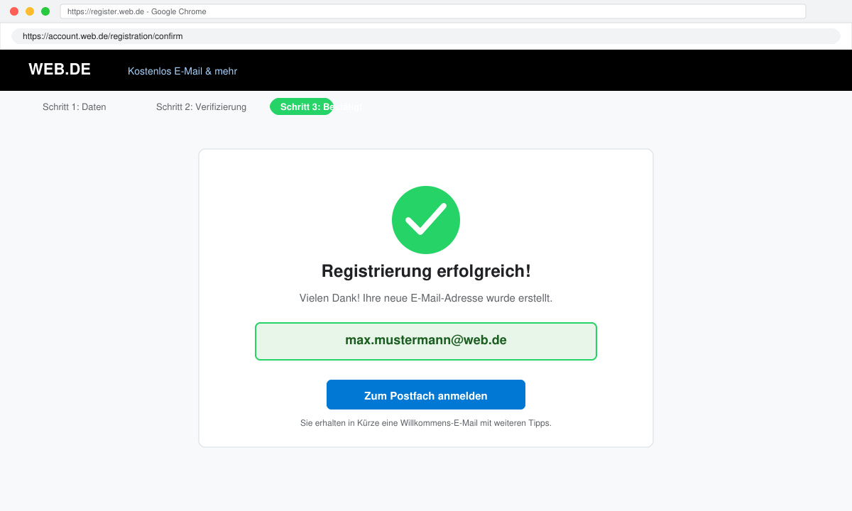 Bestätigungsseite nach erfolgreicher Registrierung mit Hinweis auf die neue E-Mail-Adresse