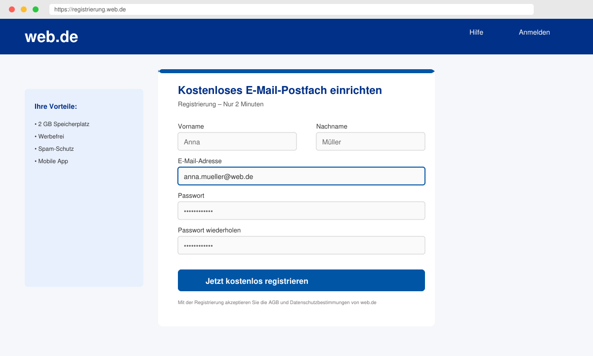 Registrierungsformular auf Web.de mit hervorgehobenen Eingabefeldern