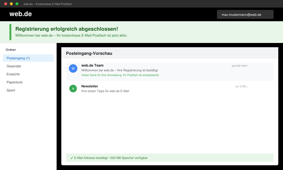 Bestätigungsseite nach erfolgreicher Registrierung mit Posteingang-Vorschau