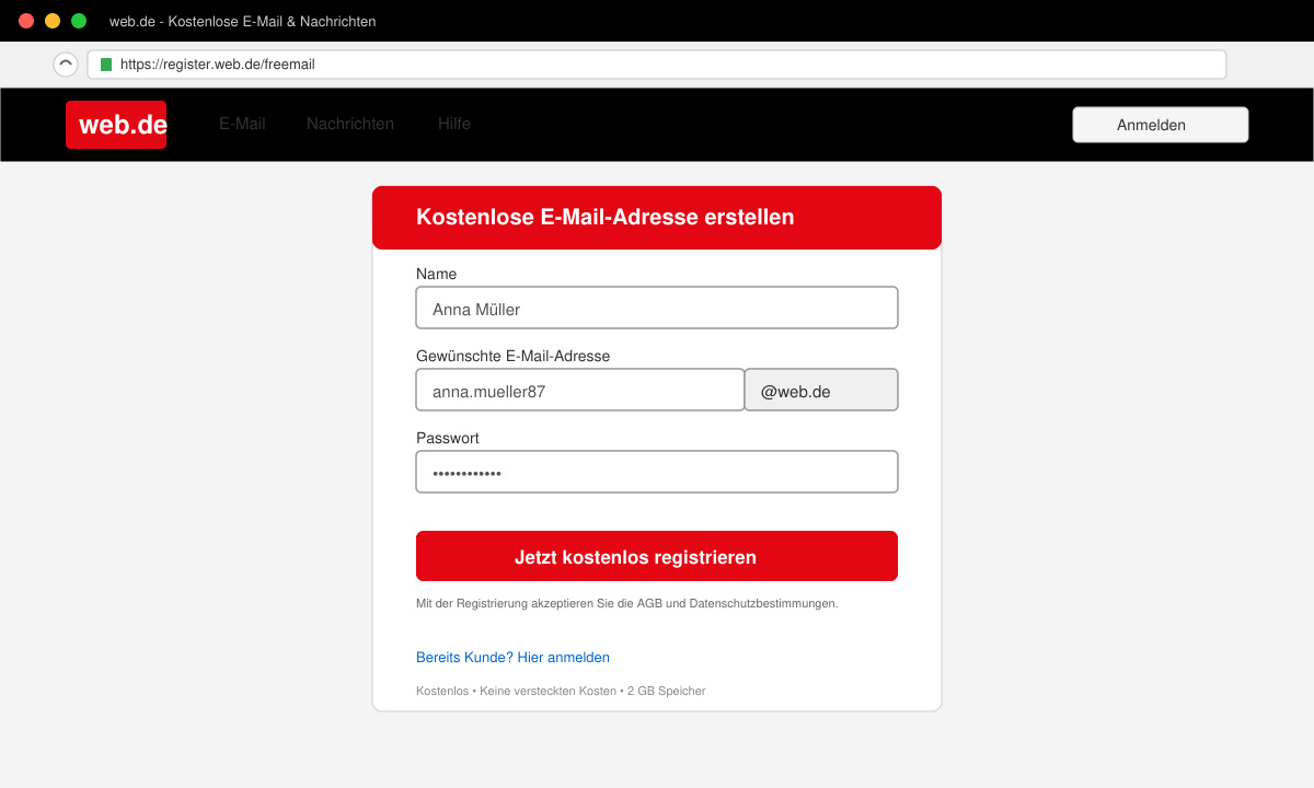 Screenshot des Registrierungsformulars auf web.de