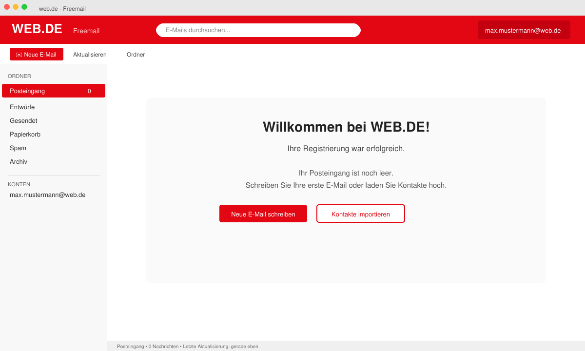 Ansicht des leeren Posteingangs mit Menüleiste