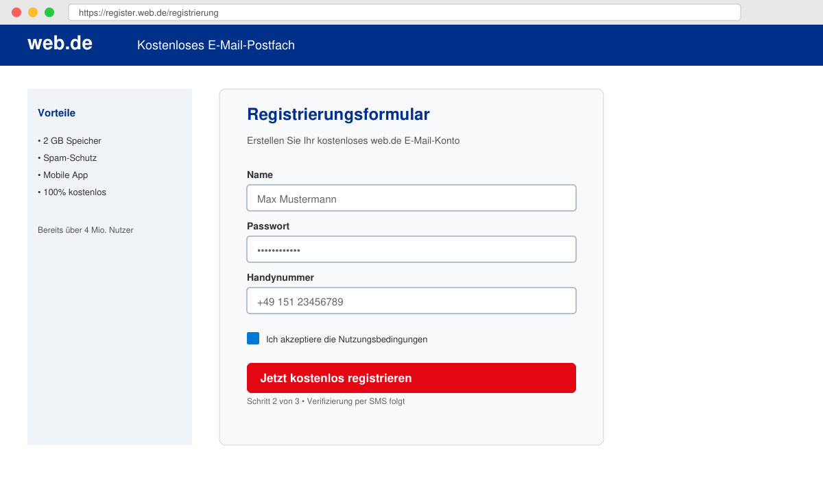 Registrierungsformular für Web de kostenlose email