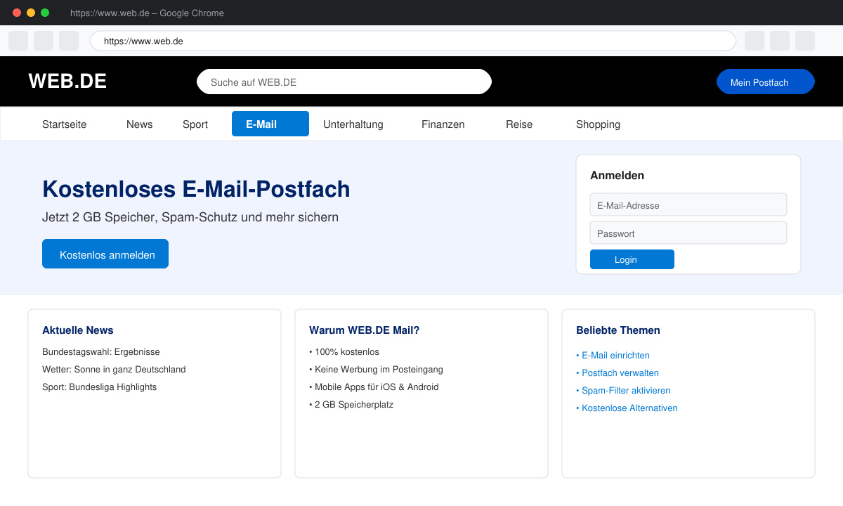 Screenshot der Web.de Startseite mit hervorgehobenem Menüpunkt E-Mail