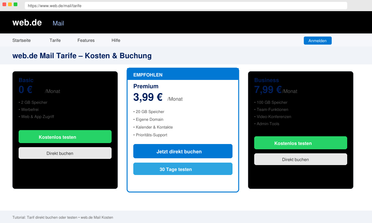 Buchungsseite mit Preisauswahl und Test-Button