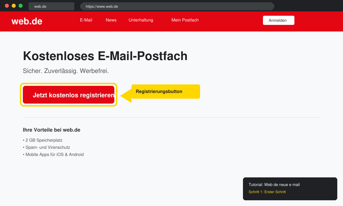 Erster Schritt: Browserfenster mit web.de Startseite und markiertem Registrierungsbutton