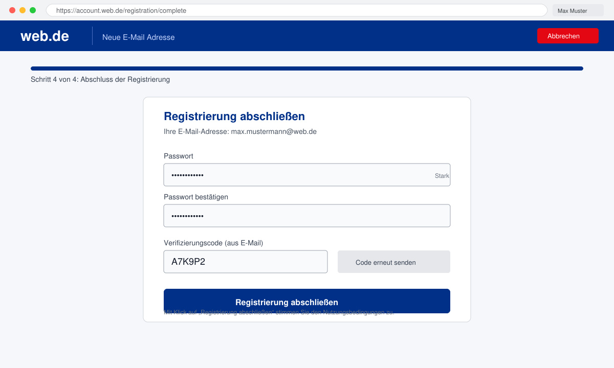Abschluss der Registrierung: Eingabefeld für das Passwort und Verifizierungscode