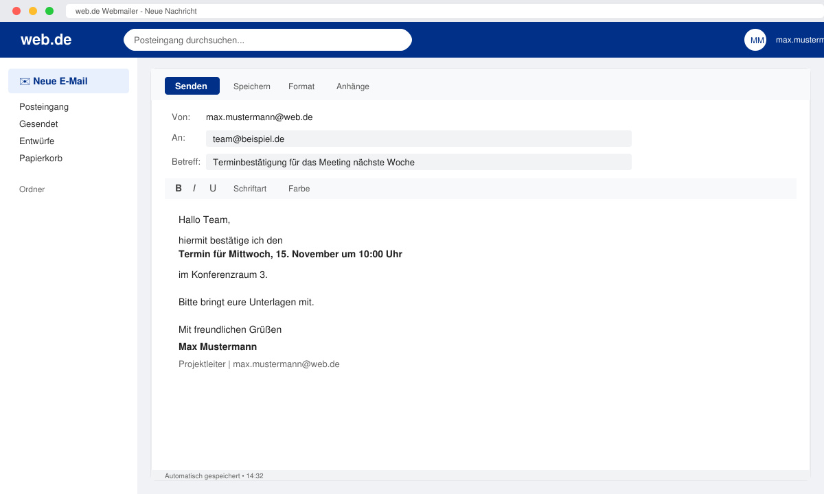Ausgefülltes E-Mail-Fenster mit Betreff und formatiertem Text im web.de Webmailer