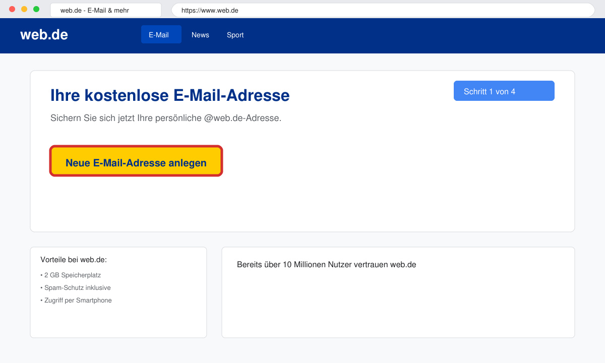 Klick auf den Registrierungsbutton bei web.de für eine neue Email Adresse