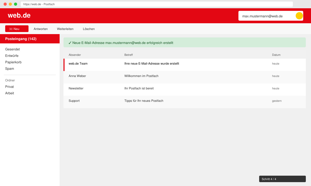 Erfolgreich erstelltes Postfach nach Registrierung einer neuen Web de Email Adresse