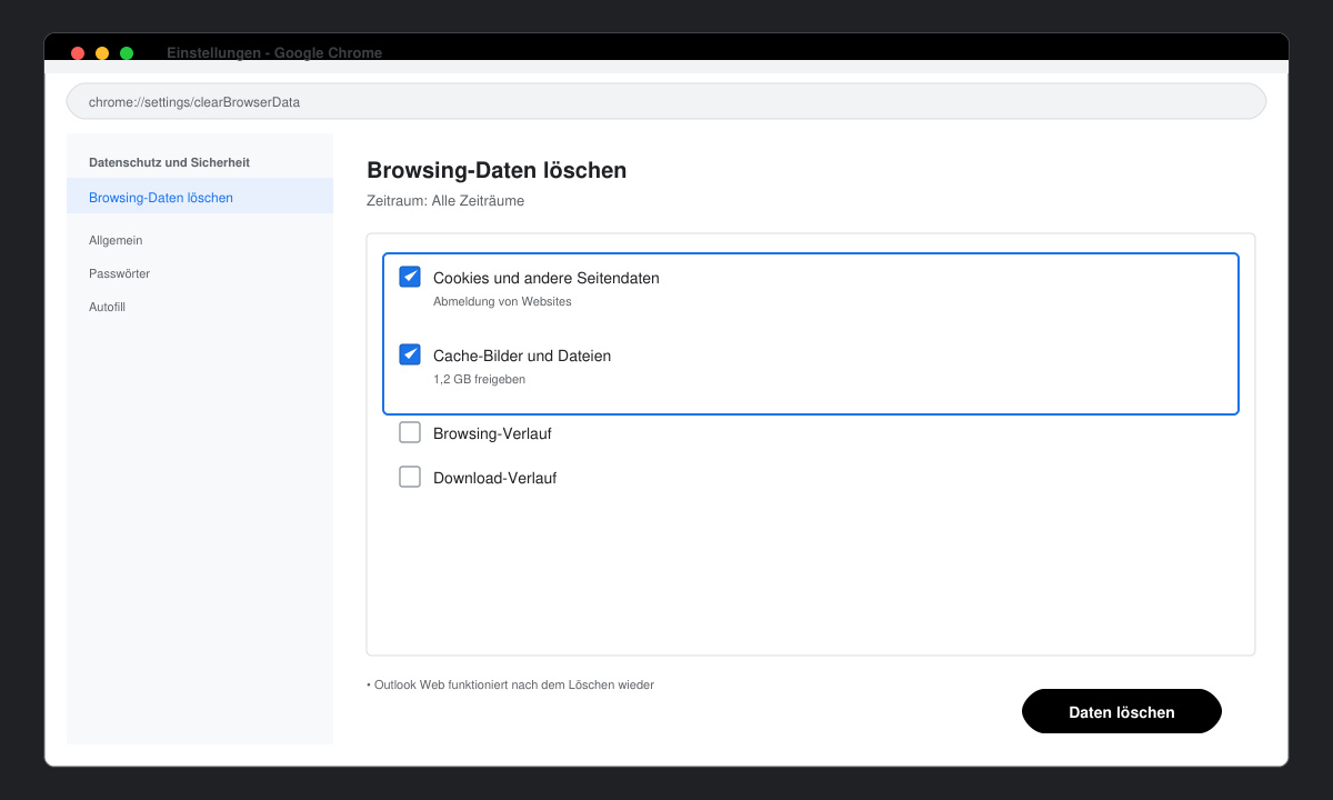 Browser-Einstellungsfenster mit markierten Optionen zum Löschen von Cache und Cookies