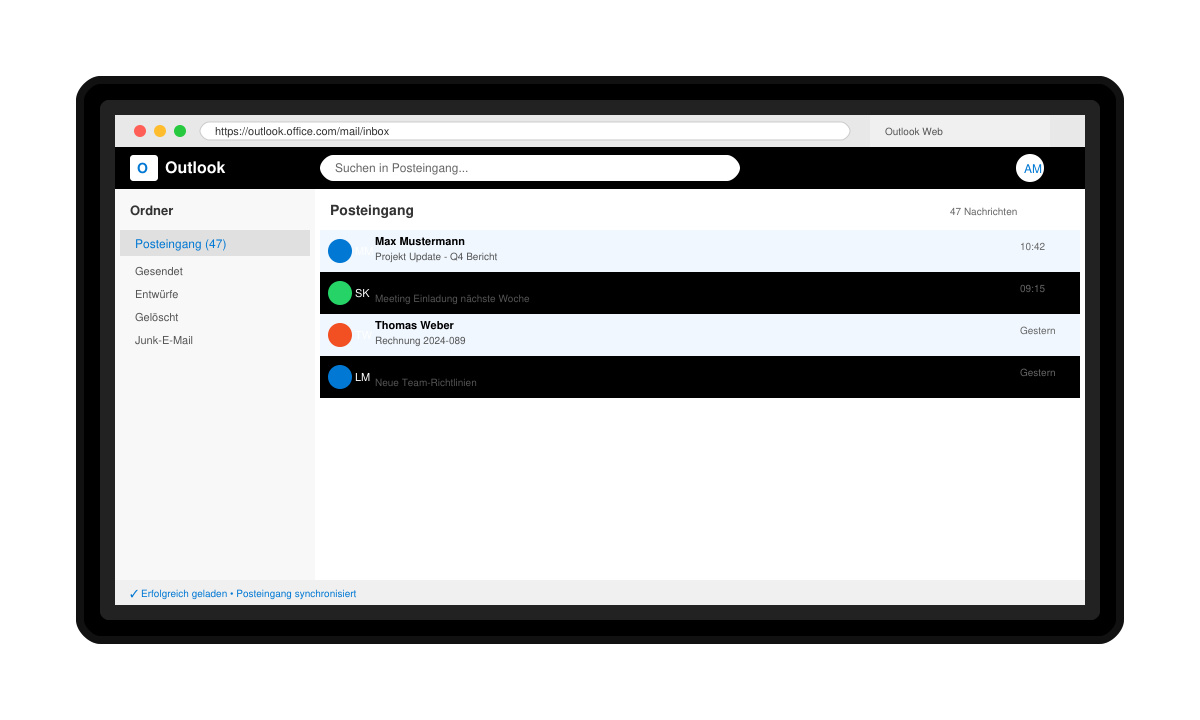 Erfolgreich geladene Outlook-Web-Oberfläche mit Posteingang auf einem Laptop