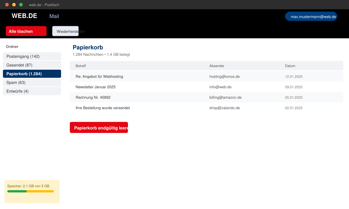 Papierkorb in Web.de wird geleert