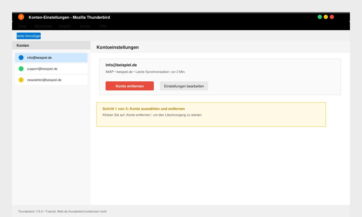 Menü zum Entfernen eines E-Mail-Kontos in Thunderbird