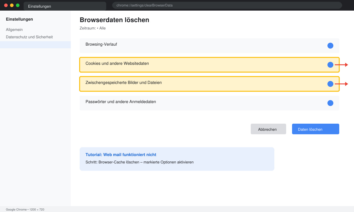 Browser-Einstellungen zum Löschen des Cache bei Web mail funktioniert nicht