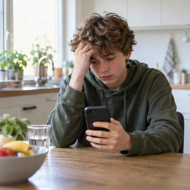 Jongere die bezorgd naar een smartphone kijkt aan de keukentafel