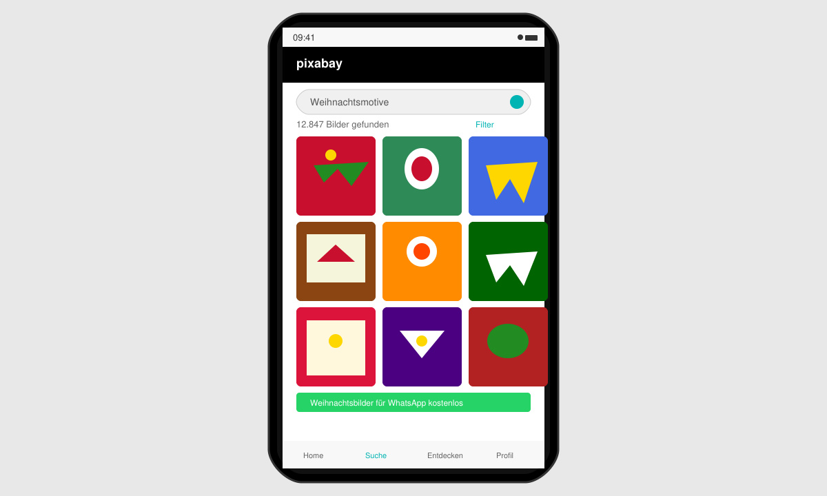 Screenshot der Pixabay-Suchergebnisse mit Weihnachtsbildern auf einem Android-Handy