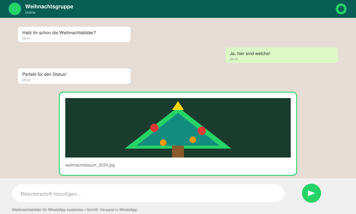 WhatsApp-Chat-Fenster mit einem ausgewählten Weihnachtsbild vor dem Versand