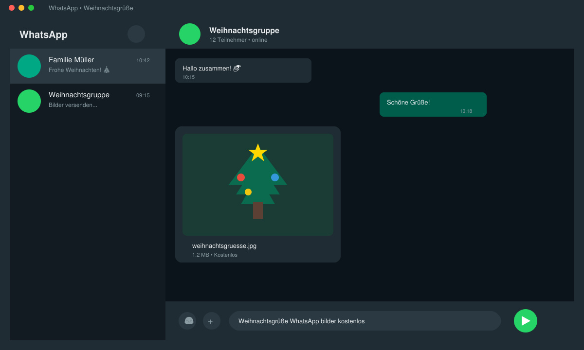 WhatsApp-Chat-Fenster mit ausgewähltem Weihnachtsbild und Sende-Button