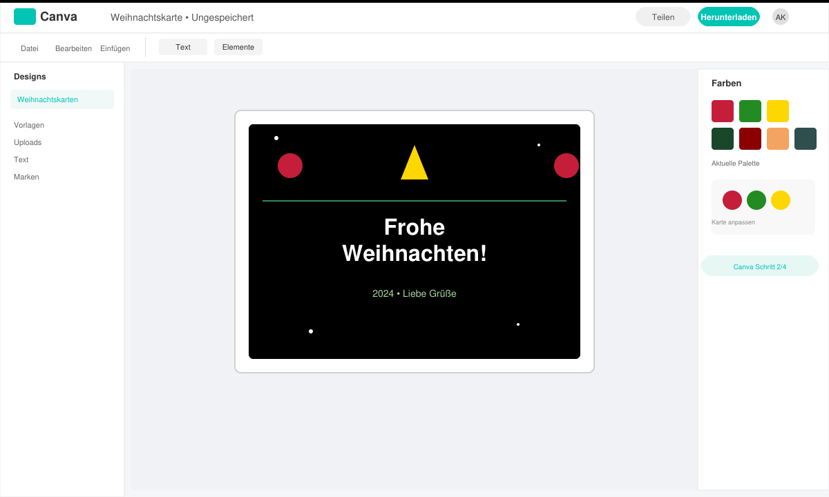 Canva-Oberfläche mit Weihnachtskarten-Vorlage
