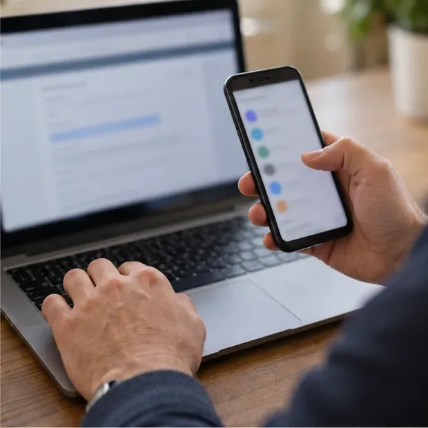 Hands use a laptop and smartphone while reviewing account security and password settings; all screen details are blurred.