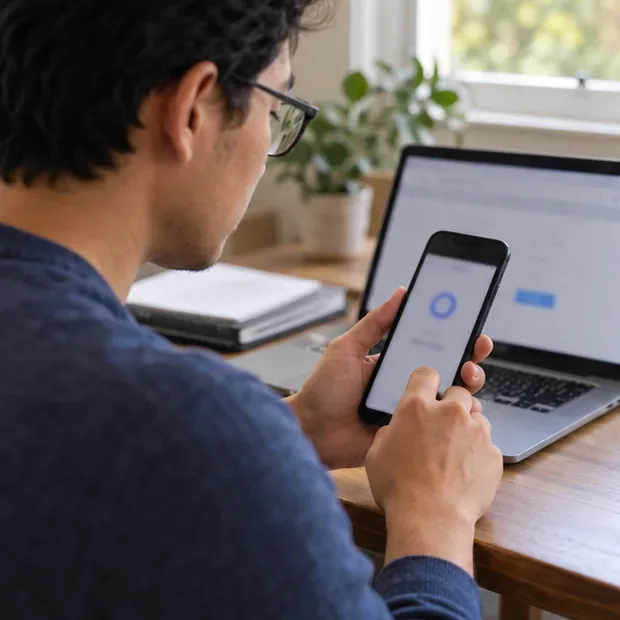 A person uses a phone beside a laptop to approve an additional sign-in step; no code or account details are visible.
