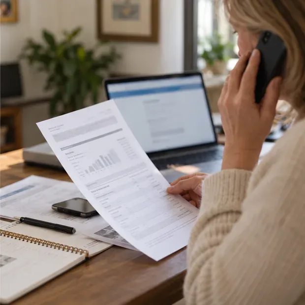 A woman reviews printed financial paperwork at a desk while speaking on her phone and checking a laptop.