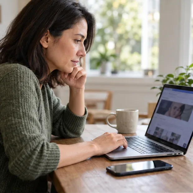 A woman sits at a home desk and reviews a website on her laptop before responding to a possible account notice.