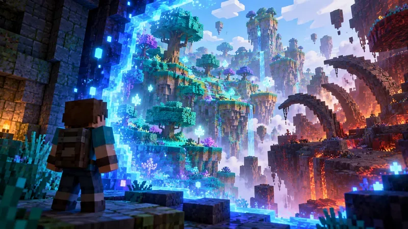 A blocky explorer stands beside a glowing blue rift overlooking vivid floating cliffs, luminous plants, waterfalls, and darker volcanic terrain