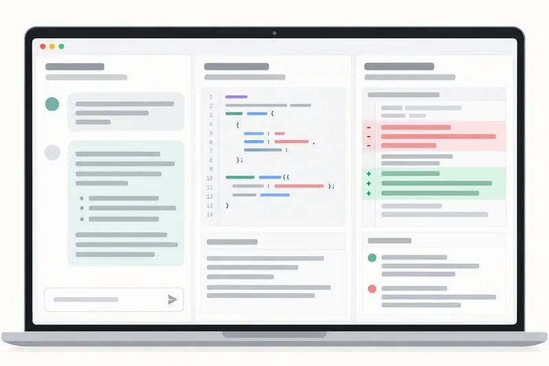 A laptop screen with three panels: a conversational assistant, a developer code workspace, and a code review showing red and green changes.