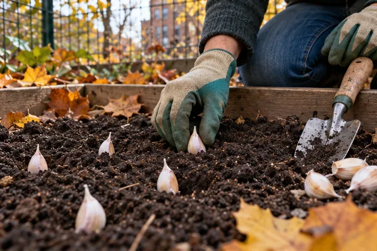 Gloved hands set garlic cloves pointed end up in dark soil in a raised garden bed, with a hand trowel and autumn leaves nearby.