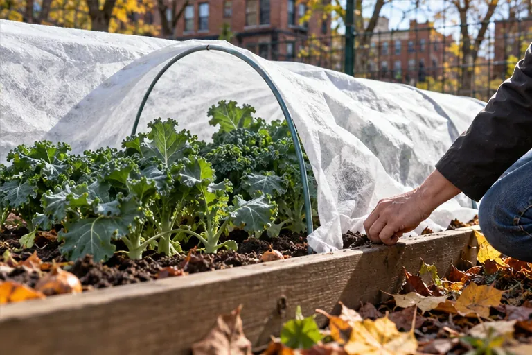 Low kale plants grow beneath white floating row-cover fabric supported by hoops in a raised bed; a gardener secures the edge.